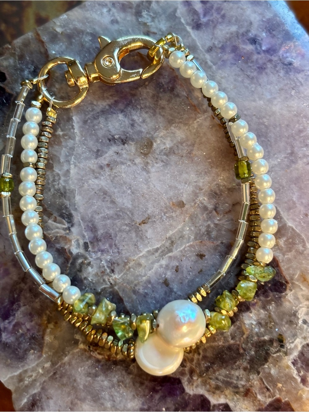 Handcrafted Gold, Pearl & Peridot Chip Gemstone 3-Strand Beaded Bracelet - 7.5
